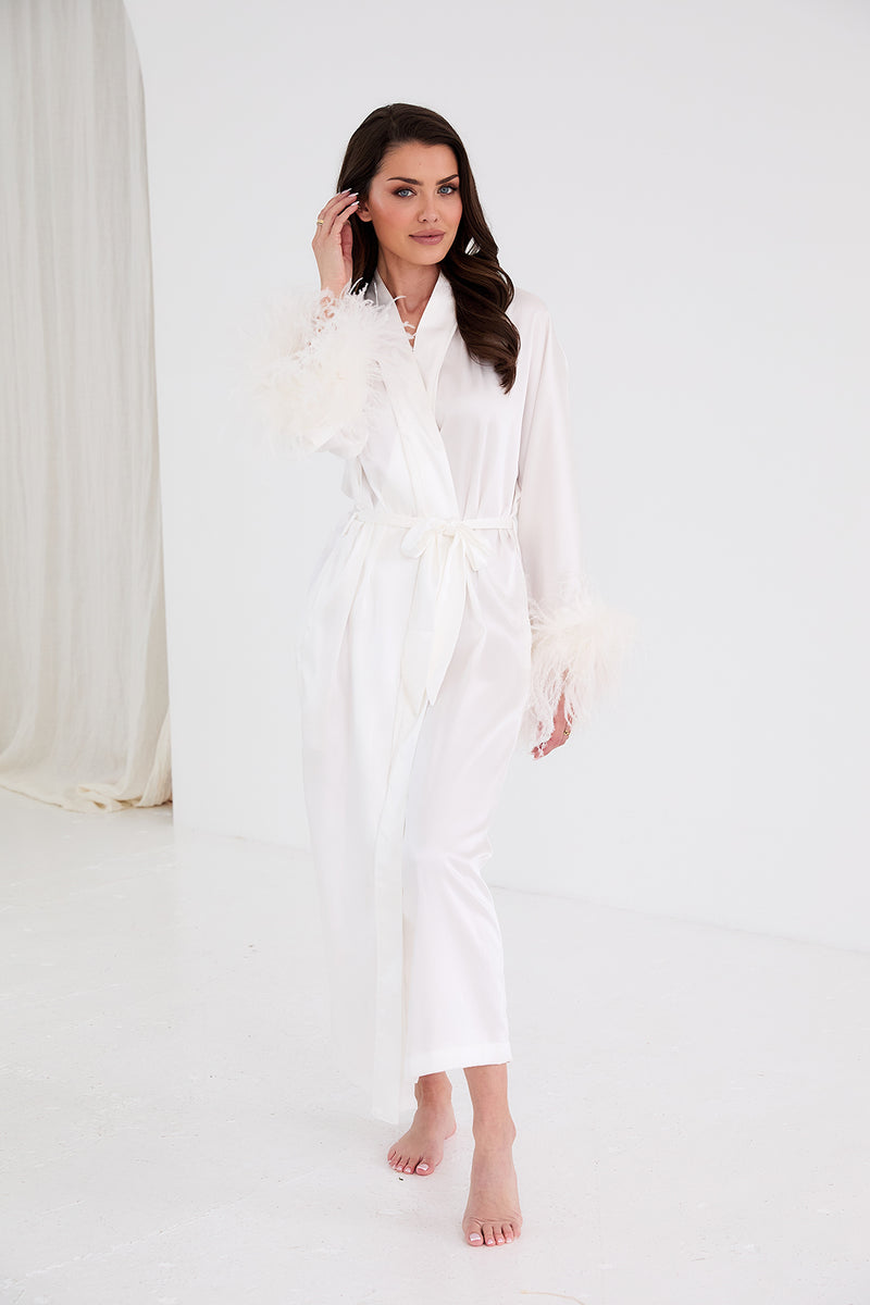 Luxury White Heavy Satin store Bridal Robe with Waterfall Wrap Front, Pleated Shoulders & Fluted Sleeves